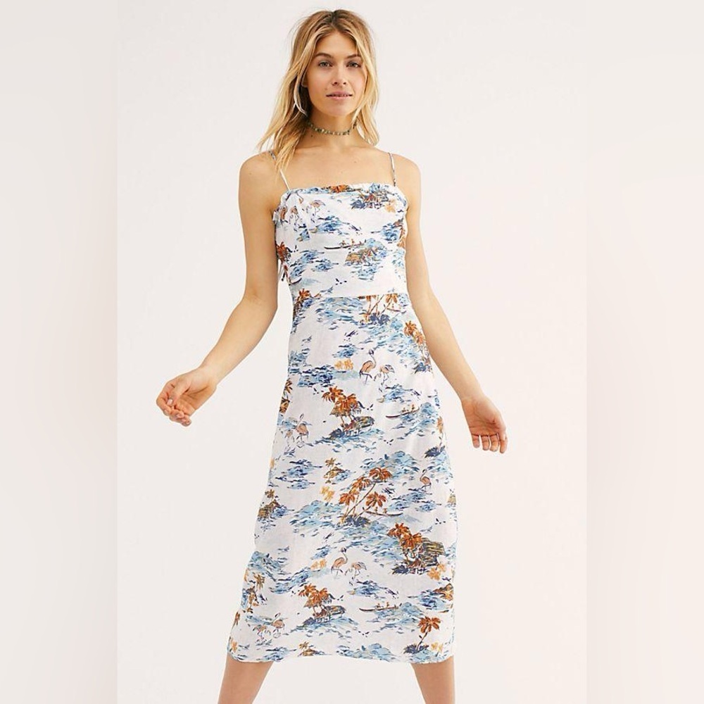 Free People Beach Party Dress, Tropical Linen Vacation Size 6 - Picture 2 of 16